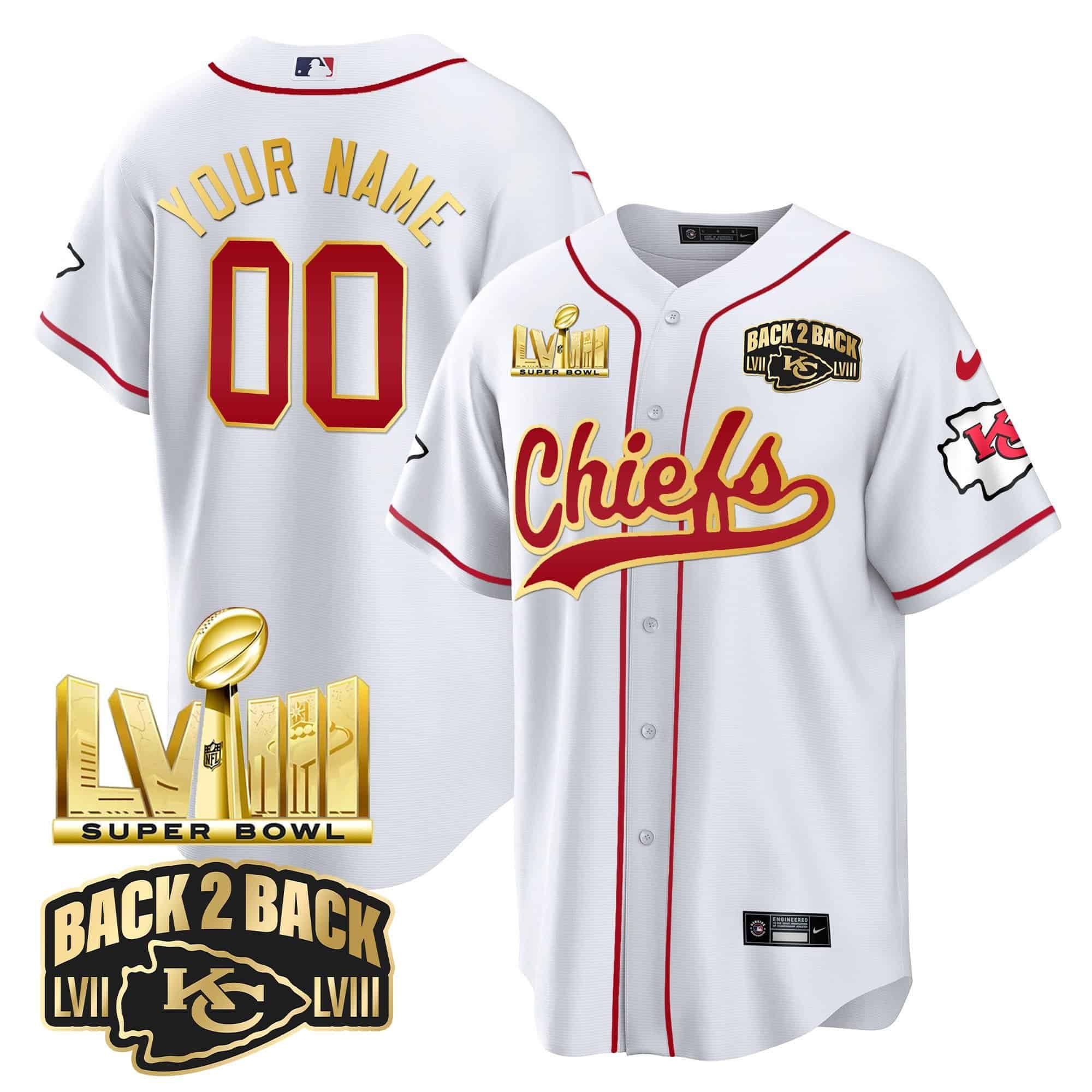 Men Kansas City Chiefs White 2024 Nike Super Bowl LVIII Back-2-Back Gold Patch Baseball Custom NFL Jersey->customized nfl jersey->Custom Jersey